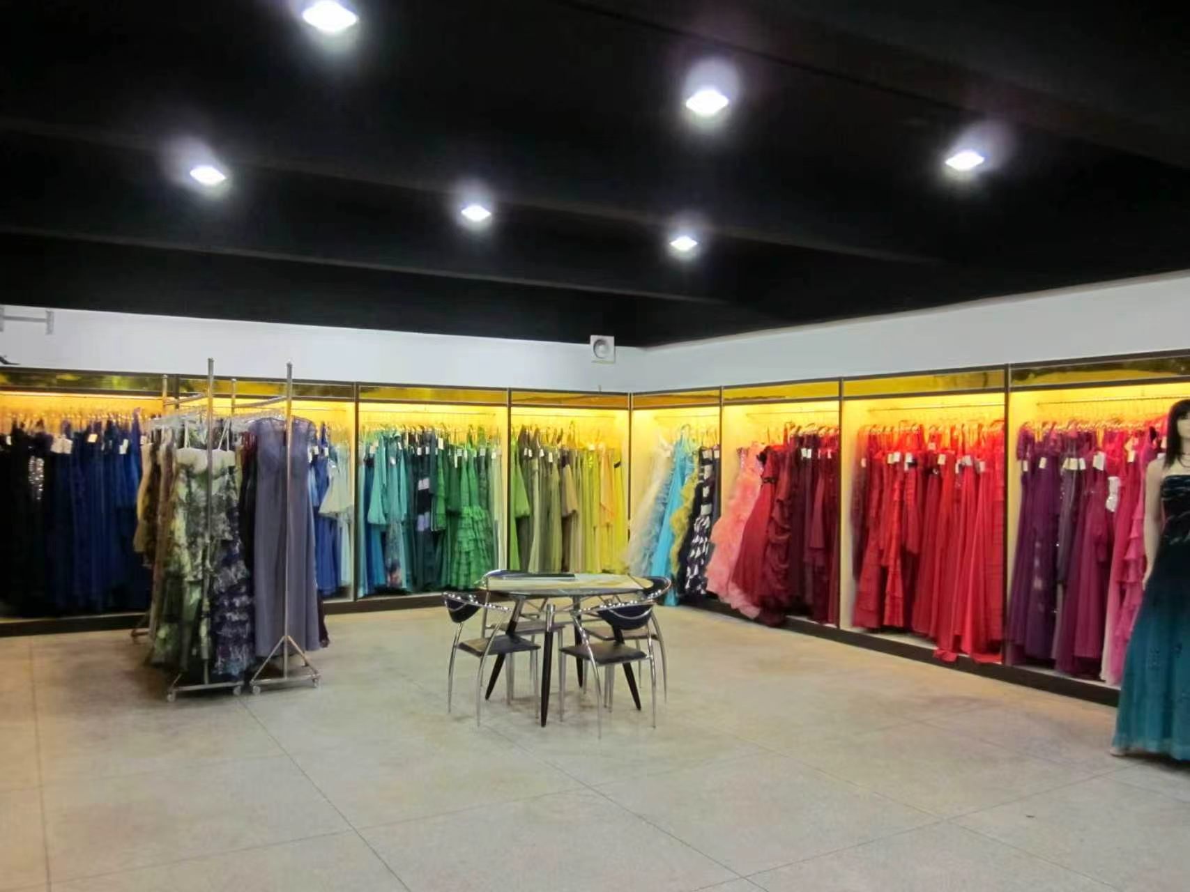 Evening gowns arranged in the Harmony Gowns showroom